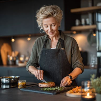 Група літніх людей обідає здоровою їжею